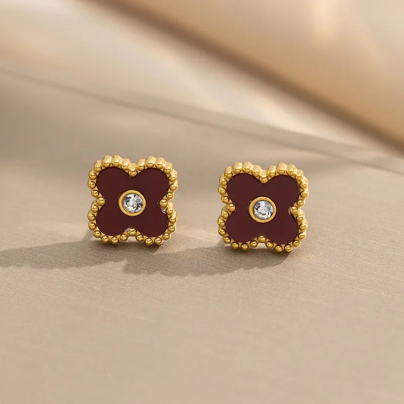 1 Pair Casual Simple Style Classic Style Four Leaf Clover 304 Stainless Steel Rhinestones 18K Gold Plated Ear Studs