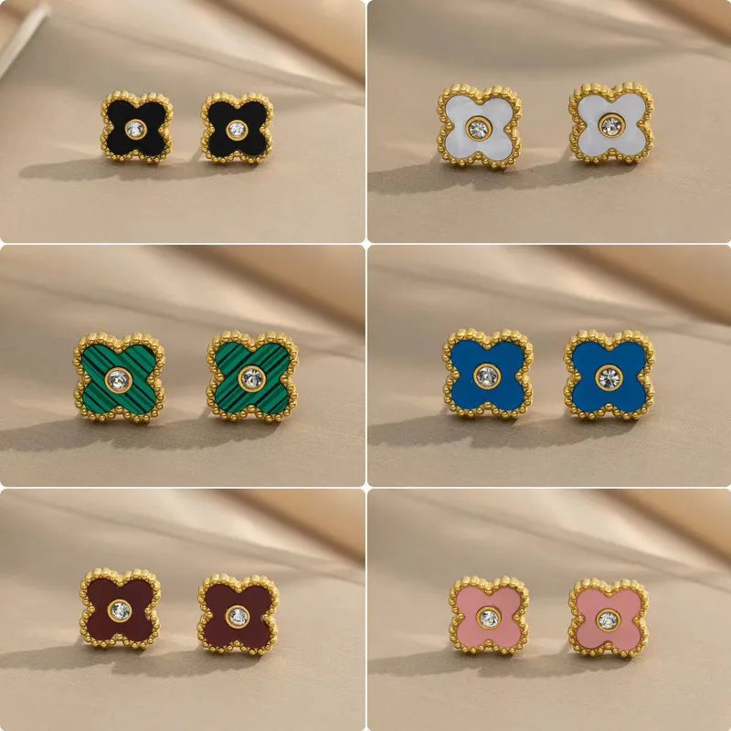 1 Pair Casual Simple Style Classic Style Four Leaf Clover 304 Stainless Steel Rhinestones 18K Gold Plated Ear Studs