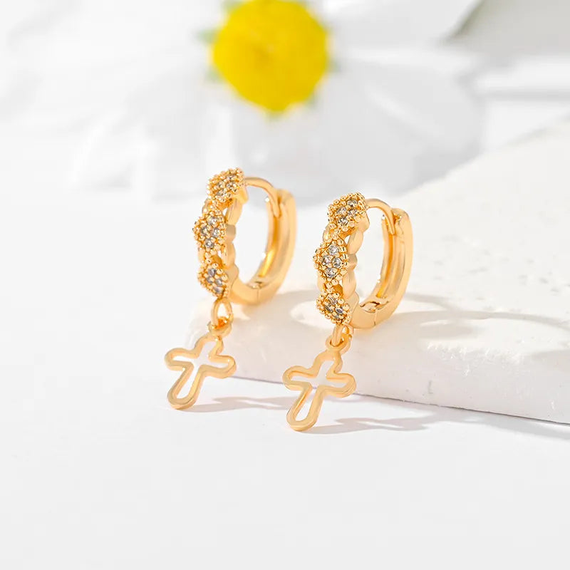 1 Pair Casual Simple Style Cross Hollow Out Inlay Brass Zircon Gold Plated Drop Earrings