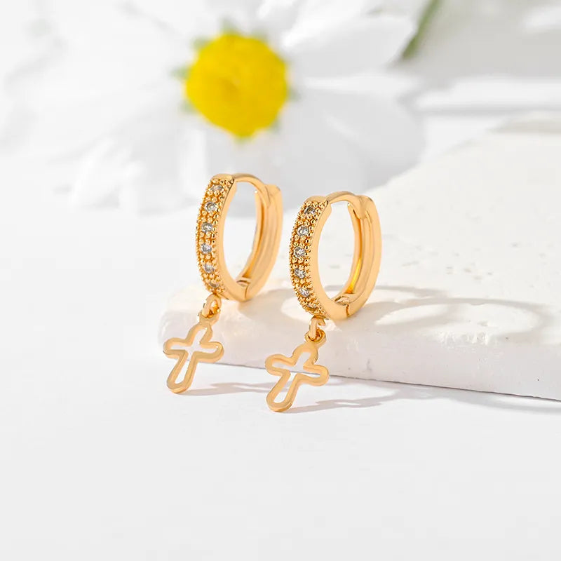 1 Pair Casual Simple Style Cross Hollow Out Inlay Brass Zircon Gold Plated Drop Earrings