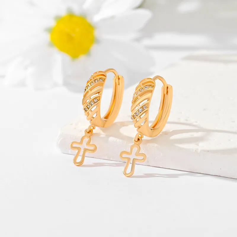 1 Pair Casual Simple Style Cross Hollow Out Inlay Brass Zircon Gold Plated Drop Earrings