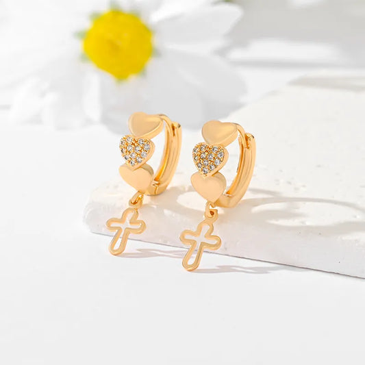 1 Pair Casual Simple Style Cross Hollow Out Inlay Brass Zircon Gold Plated Drop Earrings