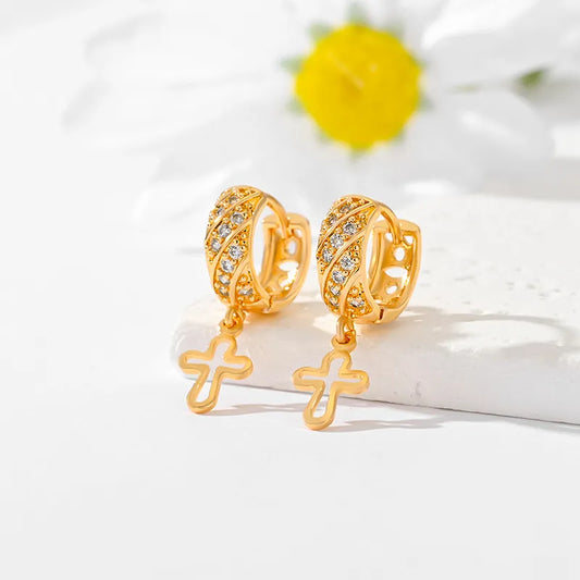 1 Pair Casual Simple Style Cross Hollow Out Inlay Brass Zircon Gold Plated Drop Earrings