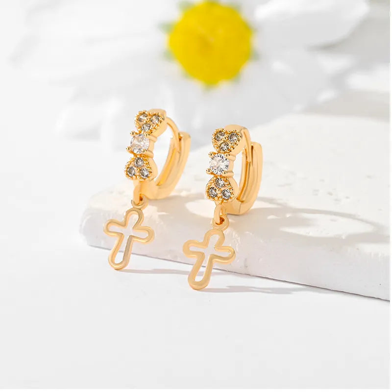 1 Pair Casual Simple Style Cross Hollow Out Inlay Brass Zircon Gold Plated Drop Earrings