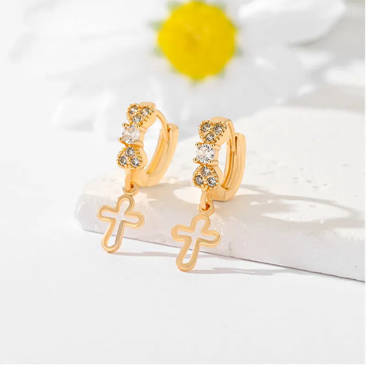 1 Pair Casual Simple Style Cross Hollow Out Inlay Brass Zircon Gold Plated Drop Earrings