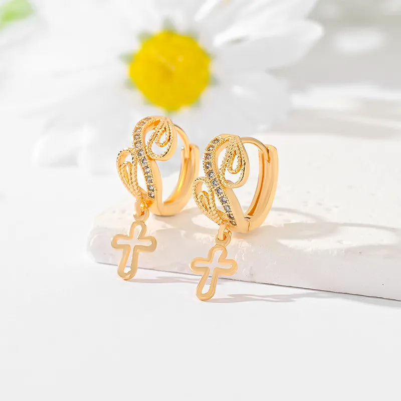 1 Pair Casual Simple Style Cross Hollow Out Inlay Brass Zircon Gold Plated Drop Earrings