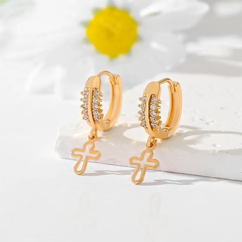 1 Pair Casual Simple Style Cross Hollow Out Inlay Brass Zircon Gold Plated Drop Earrings