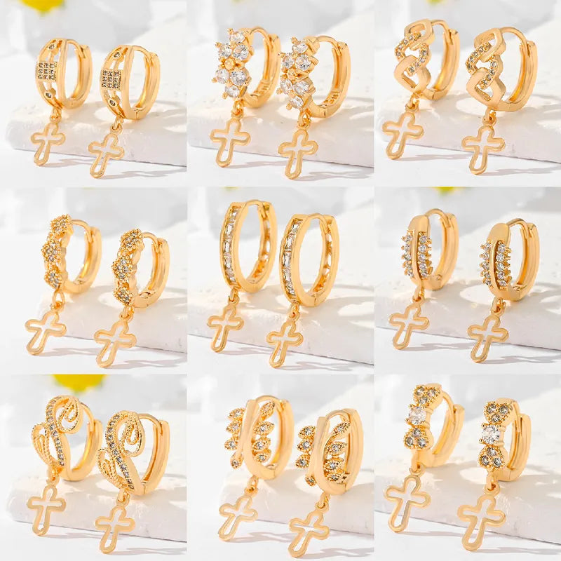 1 Pair Casual Simple Style Cross Hollow Out Inlay Brass Zircon Gold Plated Drop Earrings