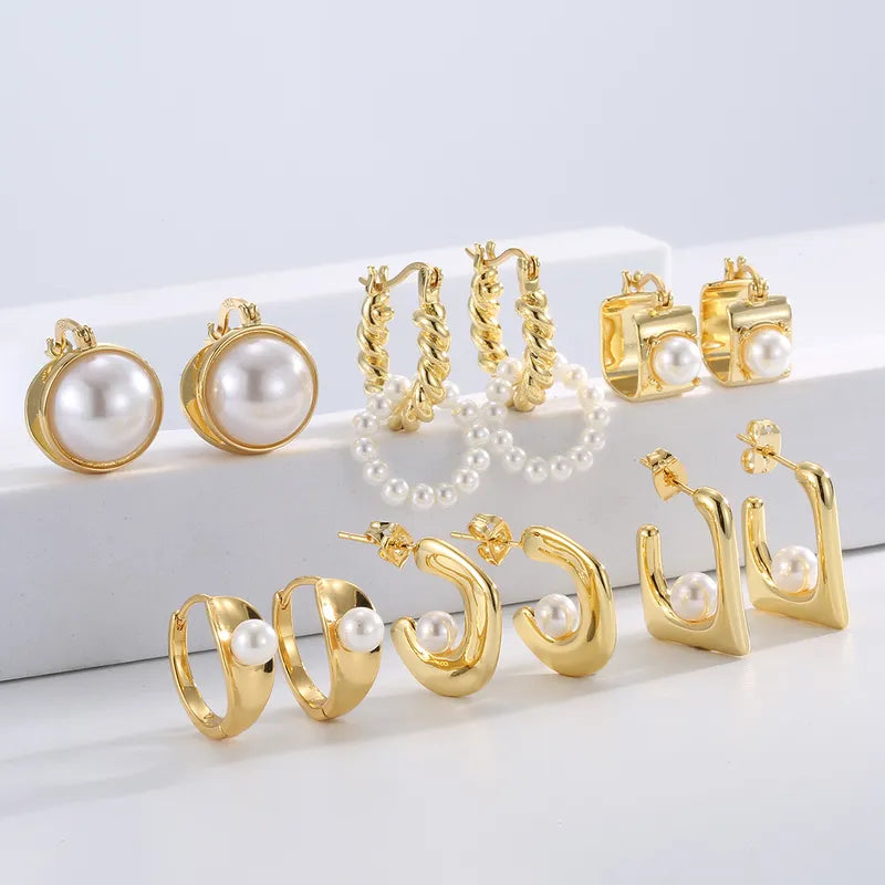 1 Pair Casual Simple Style Geometric Inlay Brass Pearl 18K Gold Plated Drop Earrings Ear Studs