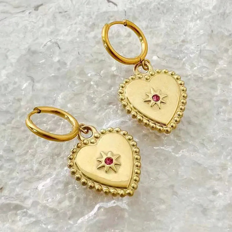 1 Pair Casual Simple Style Heart Shape Plating Inlay 304 Stainless Steel Rhinestones 14K Gold Plated Drop Earrings