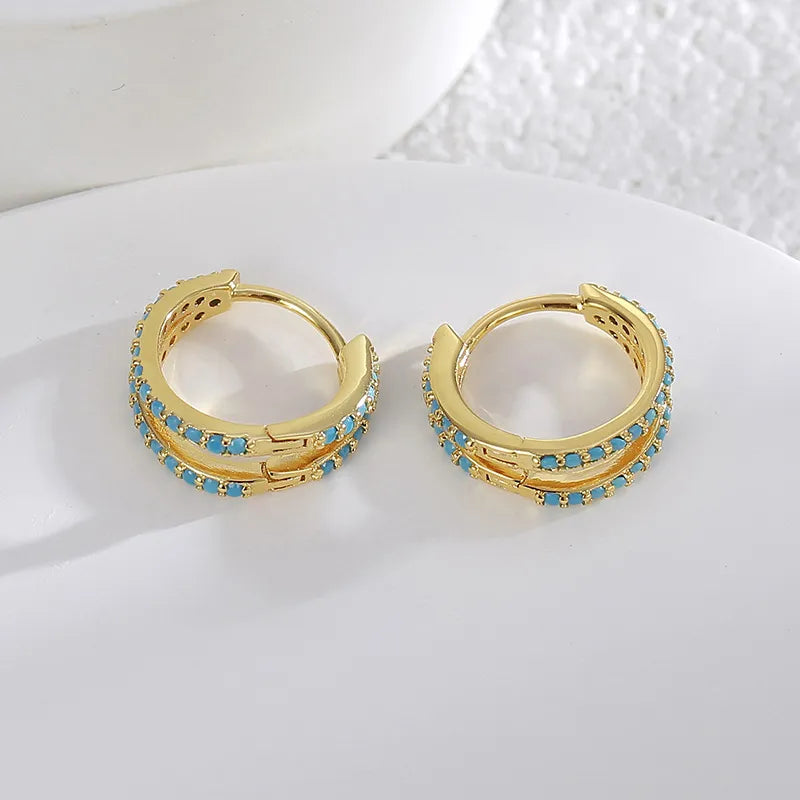 1 Pair Casual Simple Style Round Inlay Copper Turquoise Gold Plated Earrings