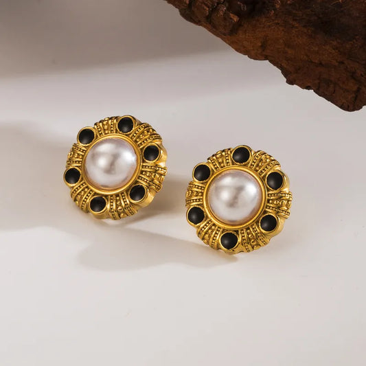 1 Pair Casual Simple Style Round Plating Inlay 304 Stainless Steel Artificial Pearls 18K Gold Plated Ear Studs