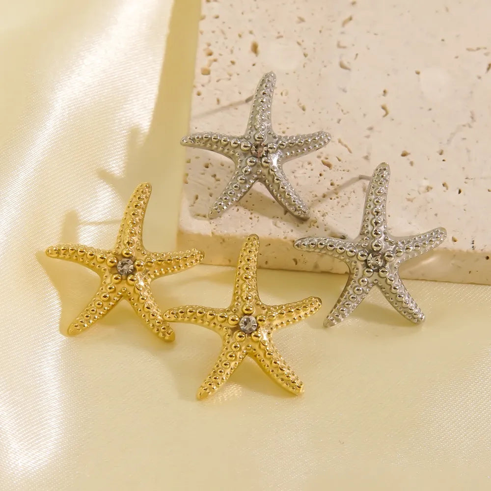 1 Pair Casual Sweet Starfish Inlay 304 Stainless Steel Zircon Gold Plated Silver Plated Drop Earrings Ear Studs