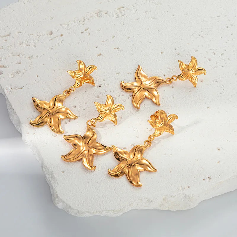 1 Pair Casual Vacation Modern Style Starfish Flower Asymmetrical Patchwork Plating 304 Stainless Steel 14K Gold Plated Drop Earrings