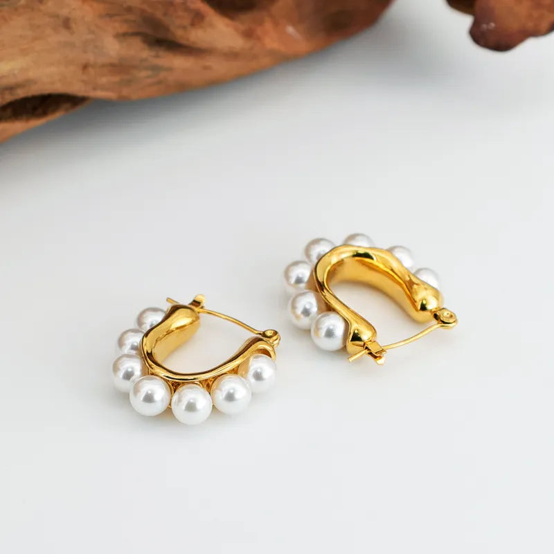 Romantic Geometric Inlay Titanium Steel Pearl 18K Gold Plated Earrings Ear Studs