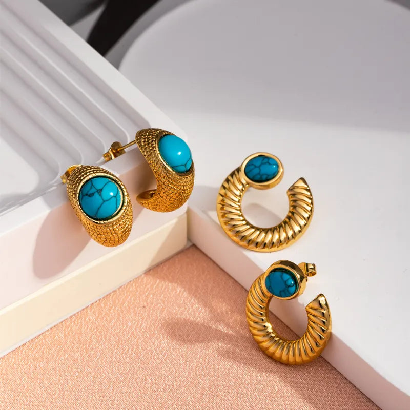 1 Pair Casual Vintage Style Geometric Plating Inlay 304 Stainless Steel Turquoise 18K Gold Plated Ear Studs