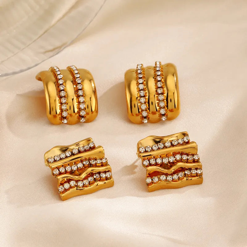 1 Pair Casual Vintage Style Irregular Square Irregular Inlay 304 Stainless Steel Zircon 18K Gold Plated Ear Studs