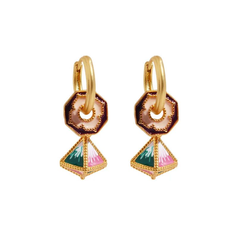 1 Pair Chinoiserie Casual Geometric Flower Enamel Plating Brass 18K Gold Plated Drop Earrings