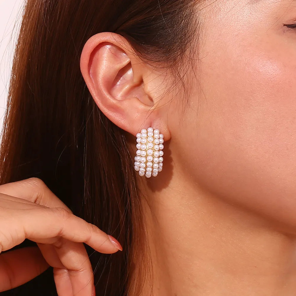 1 Pair Classic Style Color Block Inlay 304 Stainless Steel Rhinestones Pearl 18K Gold Plated Ear Studs