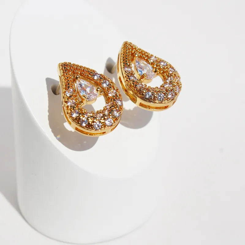 1 Pair Classic Style Commute Geometric Water Droplets Hollow Out Inlay Brass Zircon 24K Gold Plated Ear Studs