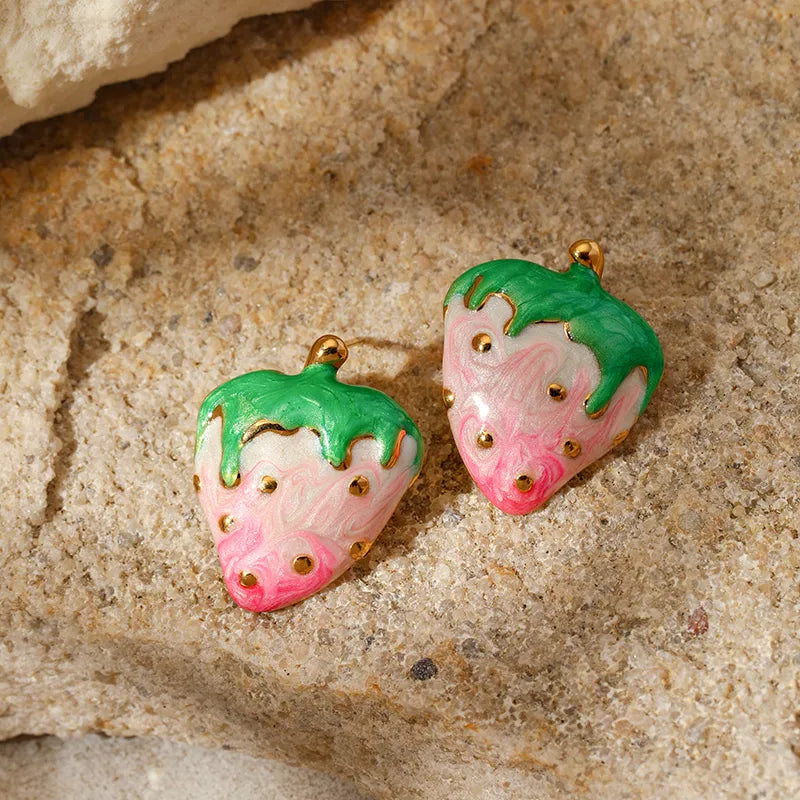 1 Pair Classic Style Strawberry Enamel 304 Stainless Steel 18K Gold Plated Ear Studs