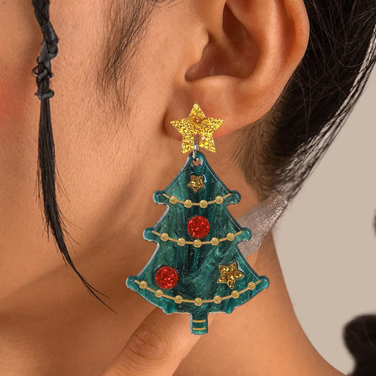 1 Pair Classical Romantic Christmas Tree Star Inlay Arylic Rhinestones Drop Earrings