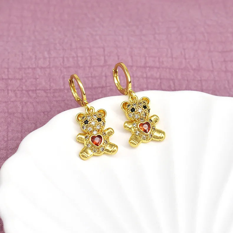 1 Pair Cute Bear Inlay Copper Zircon Drop Earrings