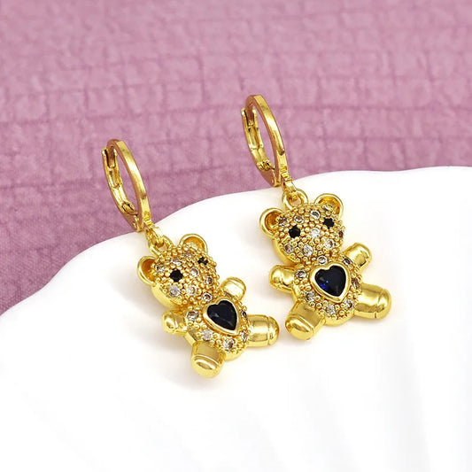 1 Pair Cute Bear Inlay Copper Zircon Drop Earrings