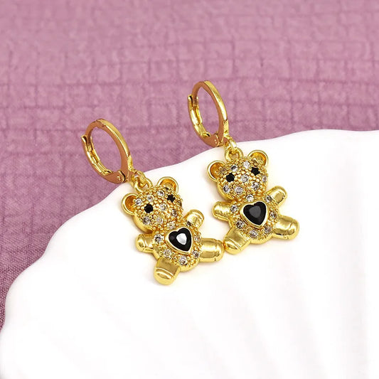 1 Pair Cute Bear Inlay Copper Zircon Drop Earrings