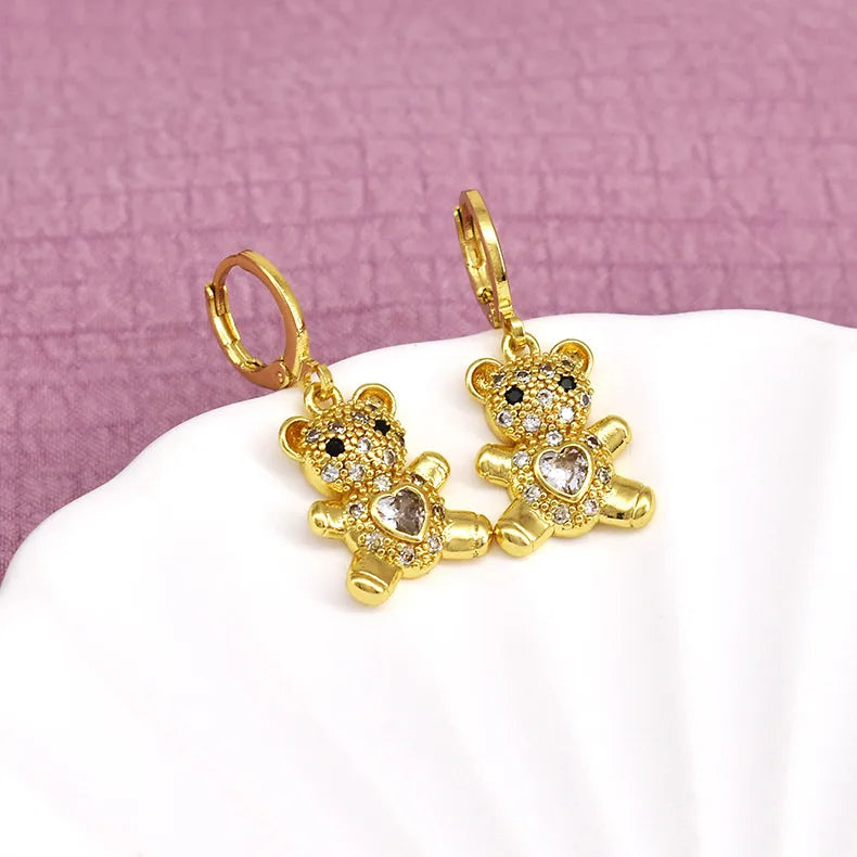 1 Pair Cute Bear Inlay Copper Zircon Drop Earrings