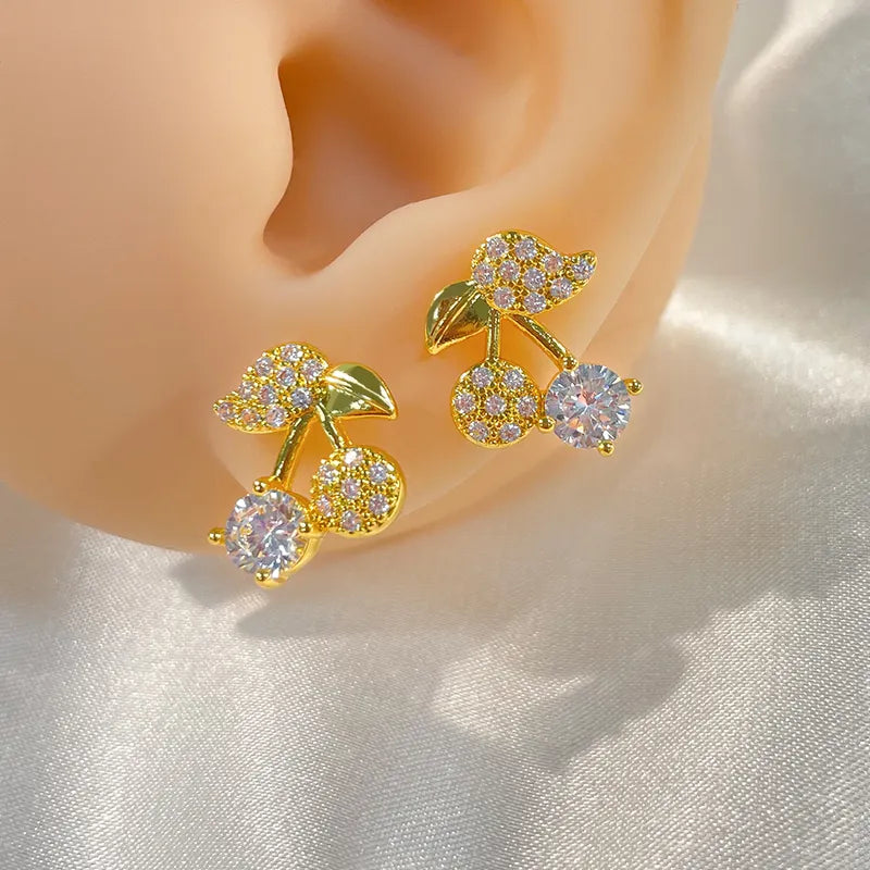 1 Pair Cute Cherry Inlay Copper Zircon 18K Gold Plated Ear Studs