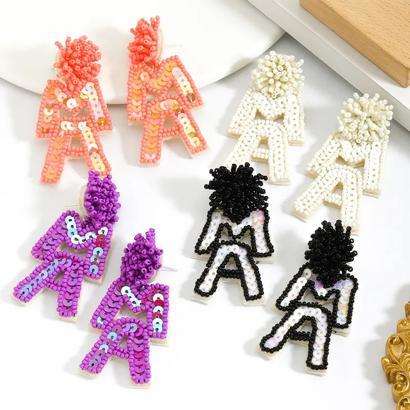 1 Pair Cute MAMA Letter Beaded Sequins Handmade Seed Bead Drop Earrings