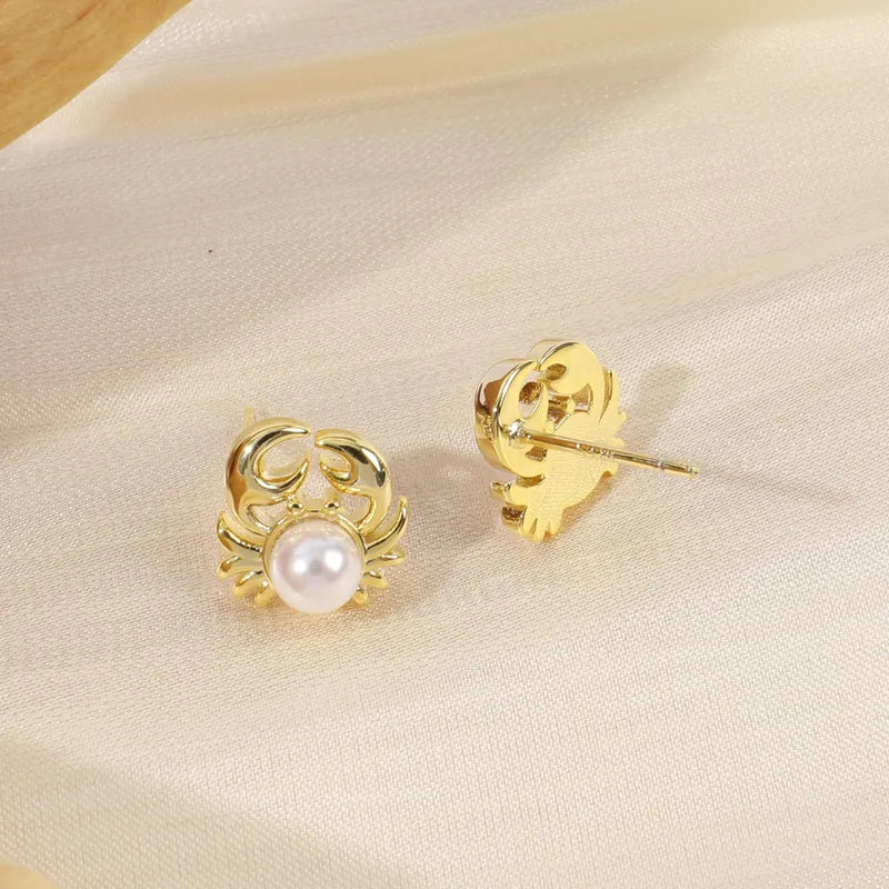 1 Pair Cute Marine Style Sweet Crab Inlay Copper Pearl Gold Plated Ear Studs