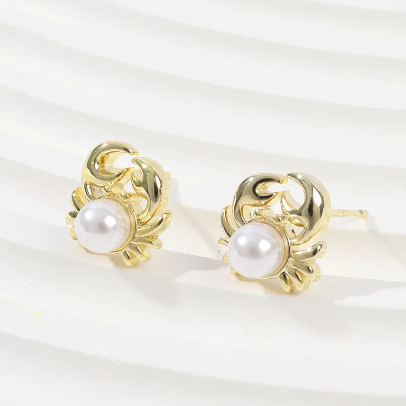 1 Pair Cute Marine Style Sweet Crab Inlay Copper Pearl Gold Plated Ear Studs