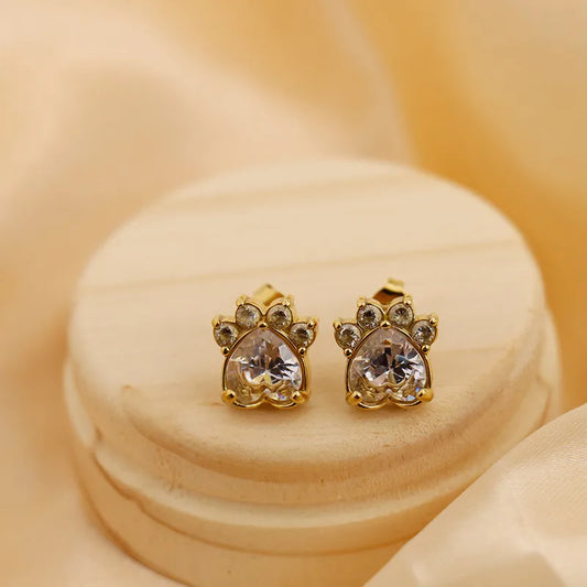 1 Pair Cute Paw Print Heart Shape Inlay Titanium Steel Zircon 18K Gold Plated Ear Studs