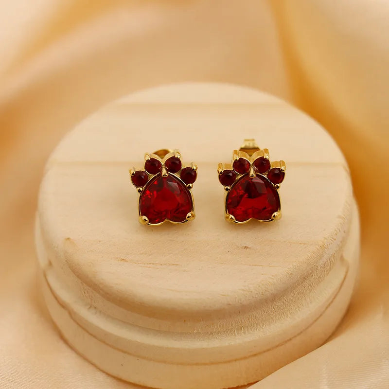 1 Pair Cute Paw Print Heart Shape Inlay Titanium Steel Zircon 18K Gold Plated Ear Studs