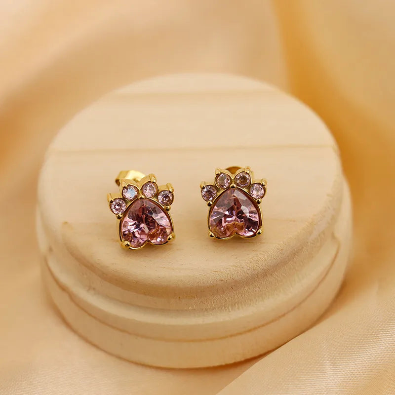 1 Pair Cute Paw Print Heart Shape Inlay Titanium Steel Zircon 18K Gold Plated Ear Studs