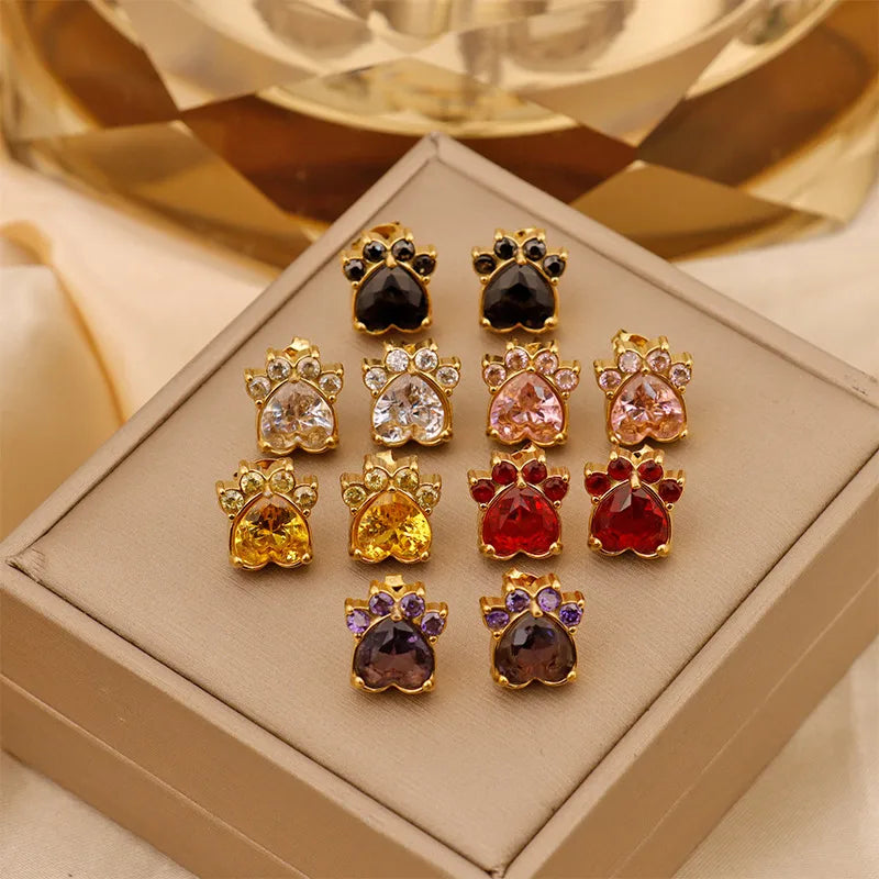 1 Pair Cute Paw Print Heart Shape Inlay Titanium Steel Zircon 18K Gold Plated Ear Studs