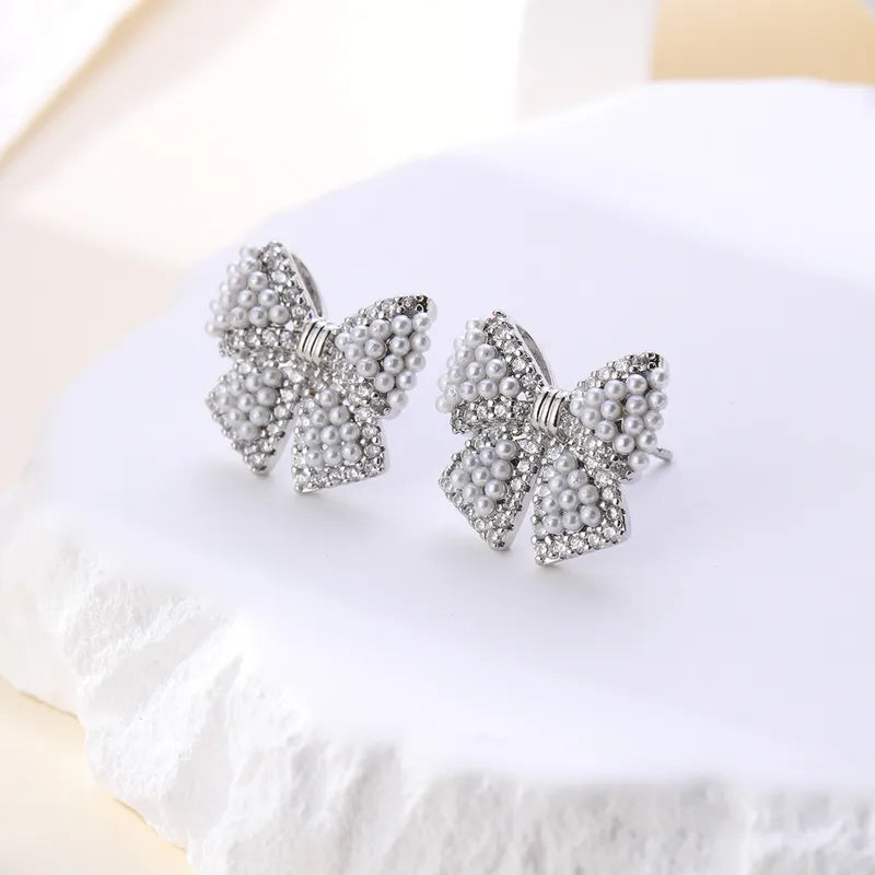 1 Pair Cute Romantic Sweet Bow Knot Inlay Copper Artificial Pearls Ear Studs