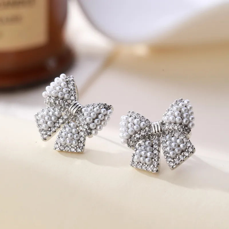 1 Pair Cute Romantic Sweet Bow Knot Inlay Copper Artificial Pearls Ear Studs