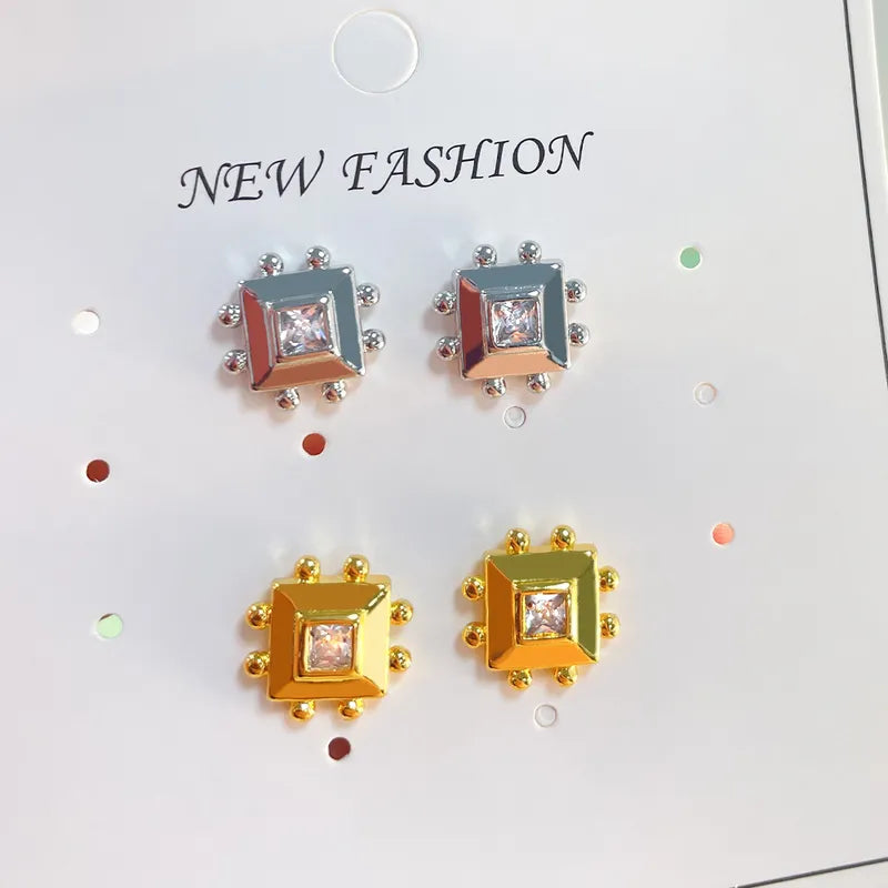 1 Pair Cute Simple Style Commute Square Plating Inlay Copper Zircon 18K Gold Plated Ear Studs