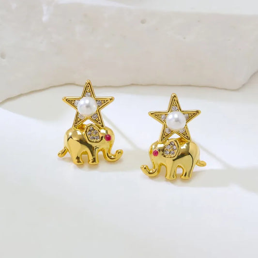 1 Pair Cute Simple Style Pentagram Elephant Copper Ear Studs