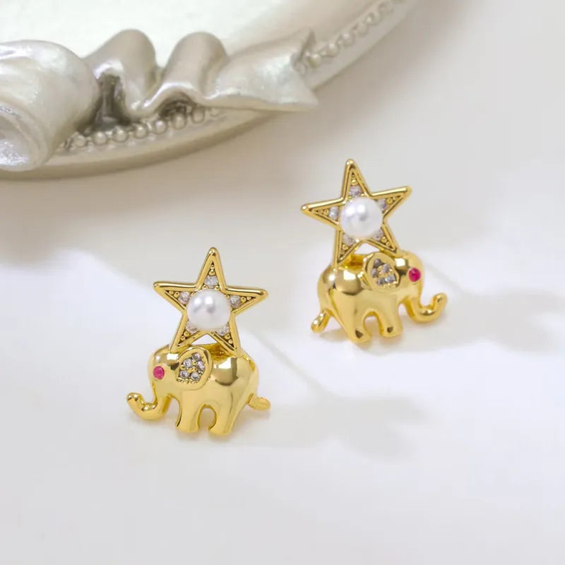 1 Pair Cute Simple Style Pentagram Elephant Copper Ear Studs