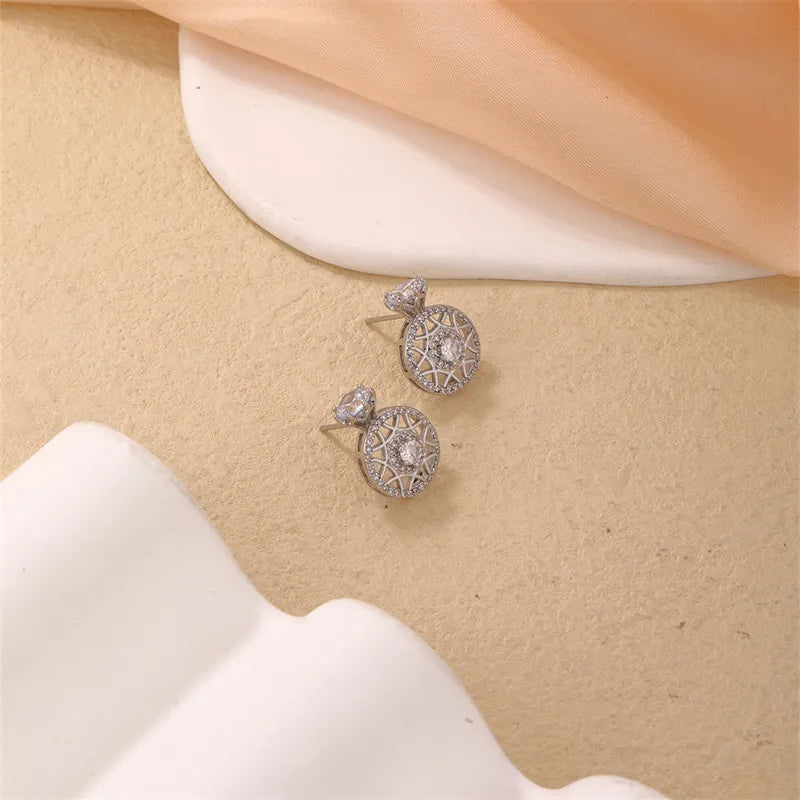 1 Pair Cute Sweet Artistic Sunflower Inlay Copper Zircon Rhodium Plated Ear Studs