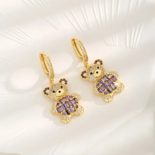 1 Pair Cute Sweet Bear Inlay Copper Zircon 18K Gold Plated Drop Earrings