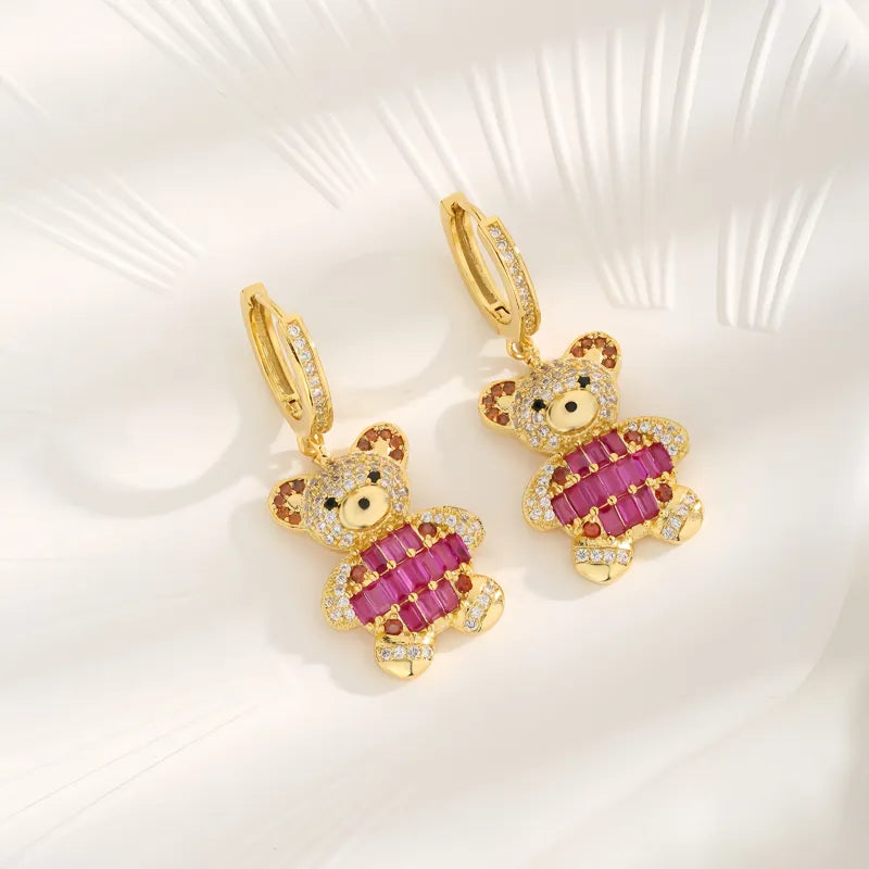 1 Pair Cute Sweet Bear Inlay Copper Zircon 18K Gold Plated Drop Earrings