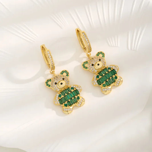 1 Pair Cute Sweet Bear Inlay Copper Zircon 18K Gold Plated Drop Earrings