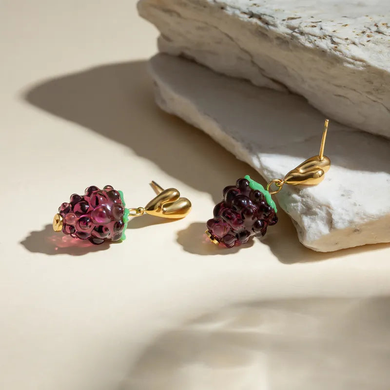 1 Pair Cute Sweet Korean Style Grape Inlay 304 Stainless Steel Resin 18K Gold Plated Drop Earrings