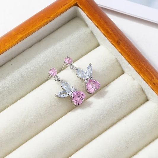 1 Pair Cute Sweet Simple Style Rabbit Water Droplets Bow Knot Inlay Copper Zircon Drop Earrings