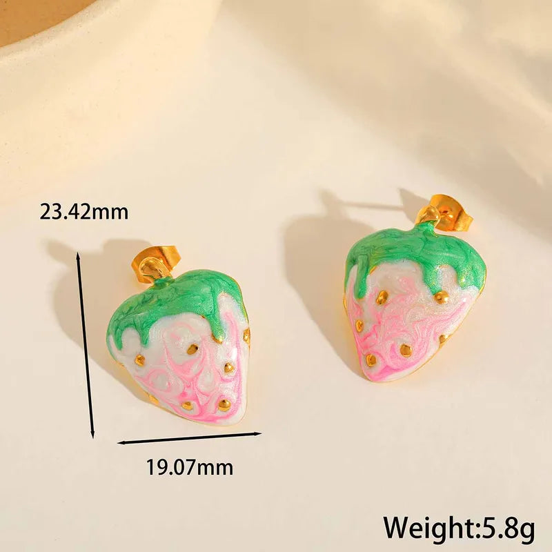 1 Pair Cute Sweet Strawberry Enamel Plating 304 Stainless Steel 18K Gold Plated Ear Studs